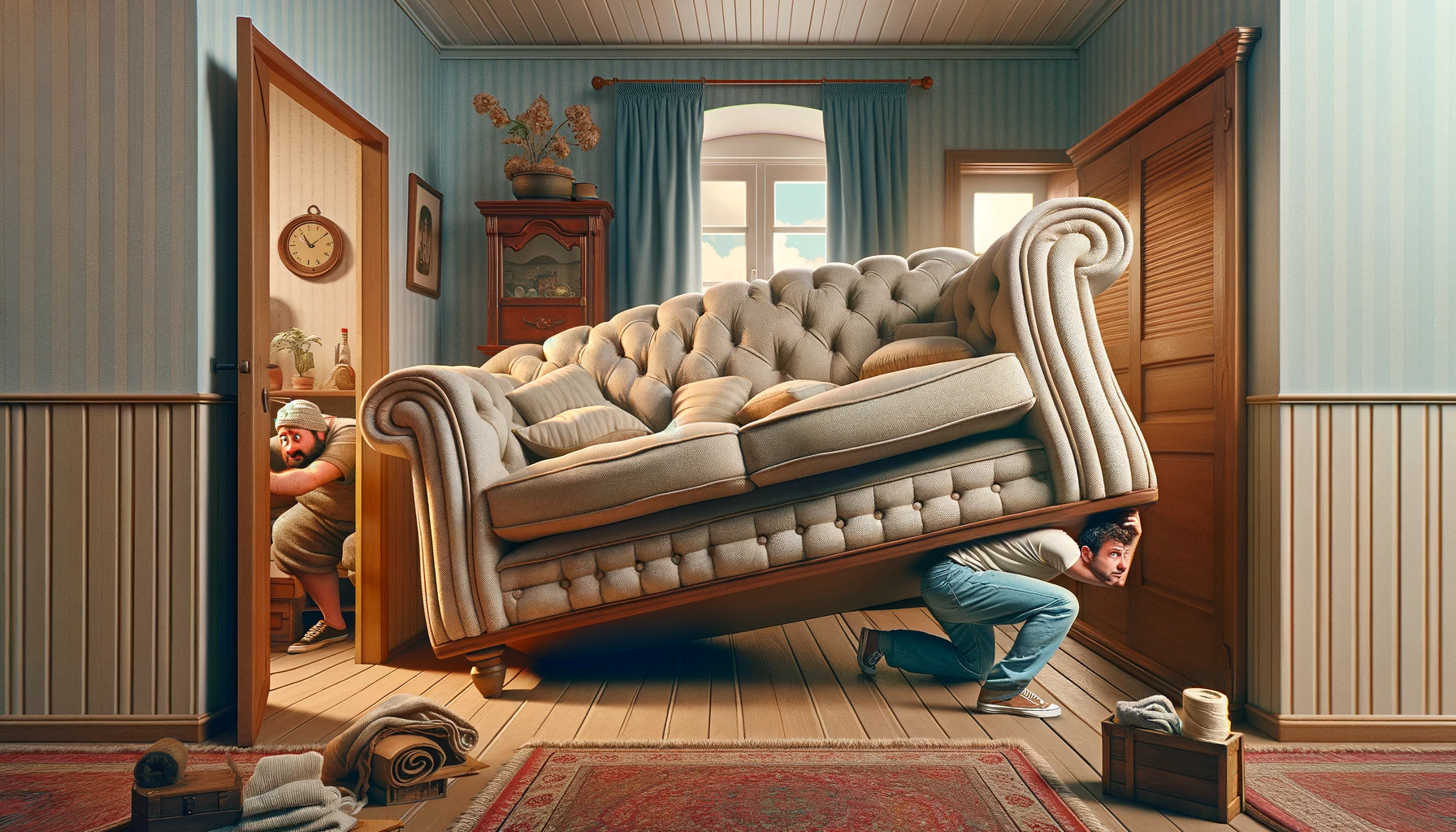 A comical depiction of a person awkwardly attempting to maneuver an oversized couch through a narrow doorway, highlighting the challenges of DIY furniture moving